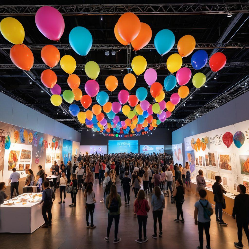 A vivid and bustling exhibition hall filled with diverse attendees engaging with colorful displays showcasing art and innovation, balloons and banners adding to the festive atmosphere, an artist demonstrating creativity in the foreground, and joyful children exploring interactive exhibits, all under bright lighting. super-realistic. vibrant colors.