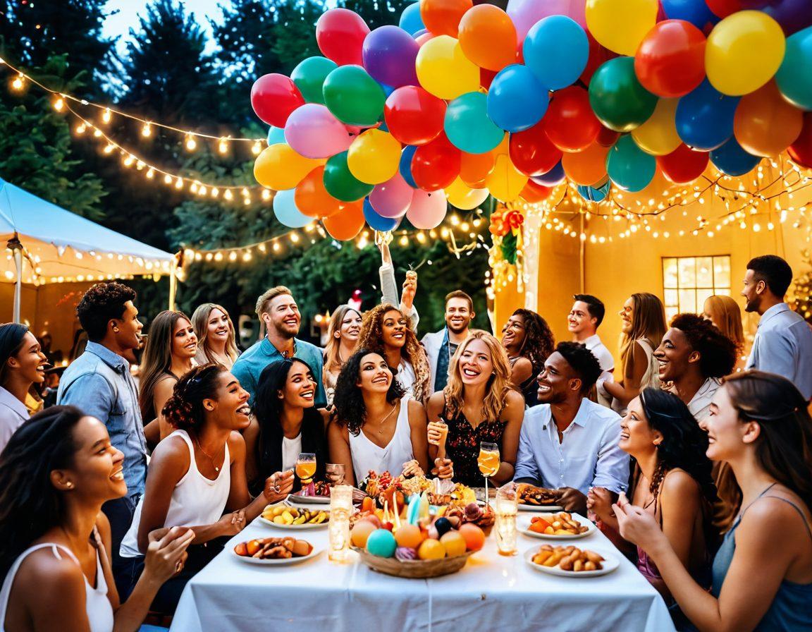 A colorful festival scene featuring a diverse group of people joyfully celebrating together, surrounded by vibrant decorations, balloons, and fairy lights. Include a beautifully arranged event showcase table overflowing with delicious snacks and drinks, with laughter and smiles visible. The background should have a hint of nature, like trees or flowers, enhancing the cheerful atmosphere. bright colors. lively. super-realistic.