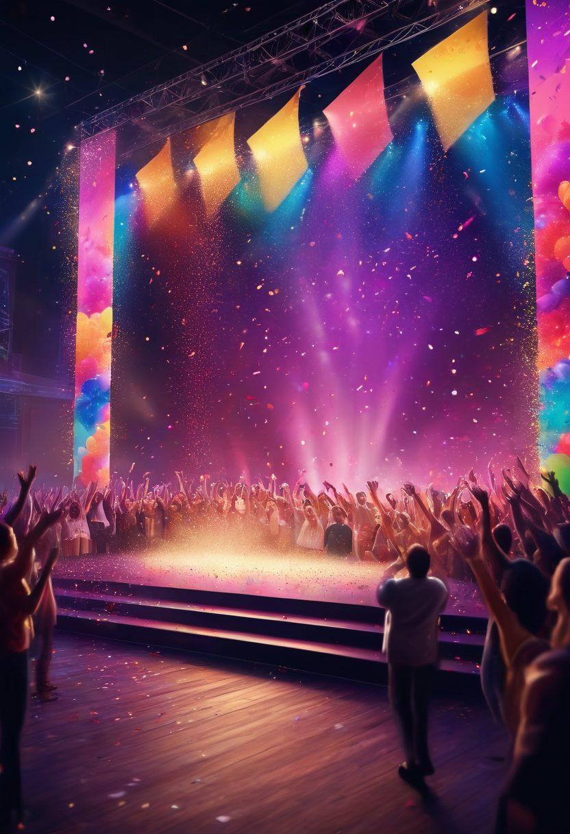 A dynamic stage set up for an event presentation, featuring vibrant lighting and cheerful audience members clapping and smiling. Include a charismatic speaker engaging with the crowd, with colorful decorations and banners showcasing tips for a spectacular event. The atmosphere is filled with excitement and energy, accentuated by sparkling confetti in the air. super-realistic. vibrant colors. 3D.